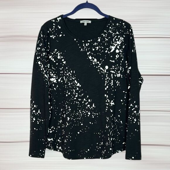 Lisa Todd Long Sleeve Tee Top Pullover Black White Water Splash Spots Print Sz L - Picture 1 of 9